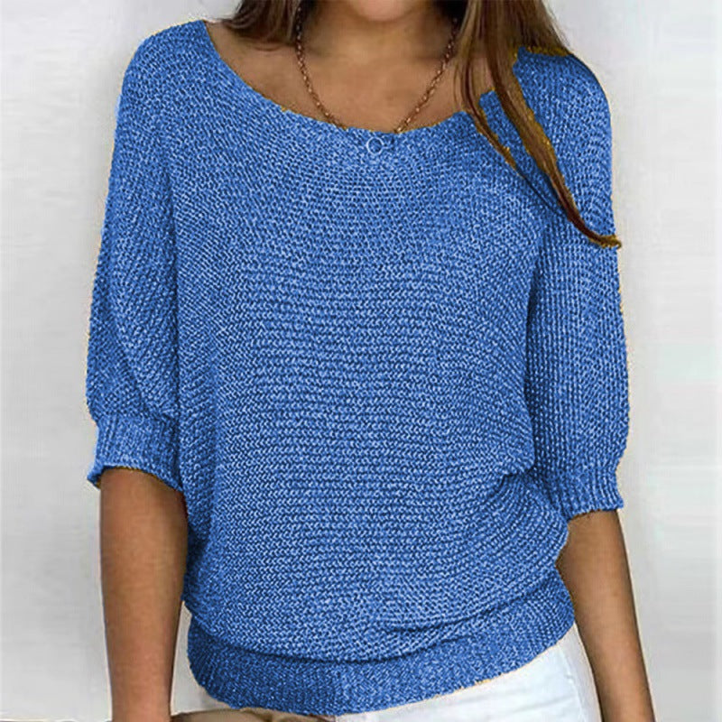 Off-shoulder knit sweater in blue, batwing sleeves with gathered cuff detail