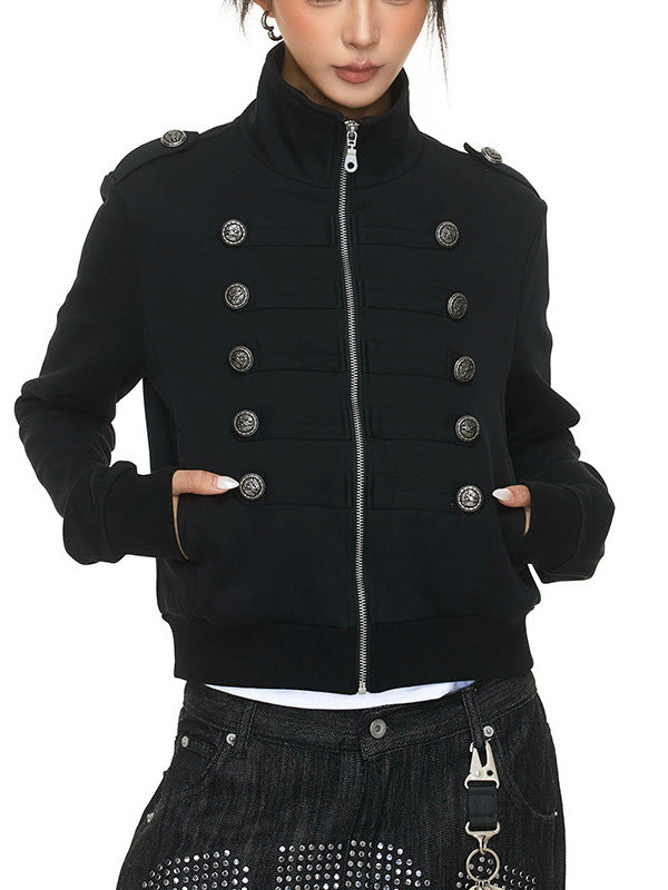 Black zip-up double-breasted cardigan jacket with stand collar and round button details