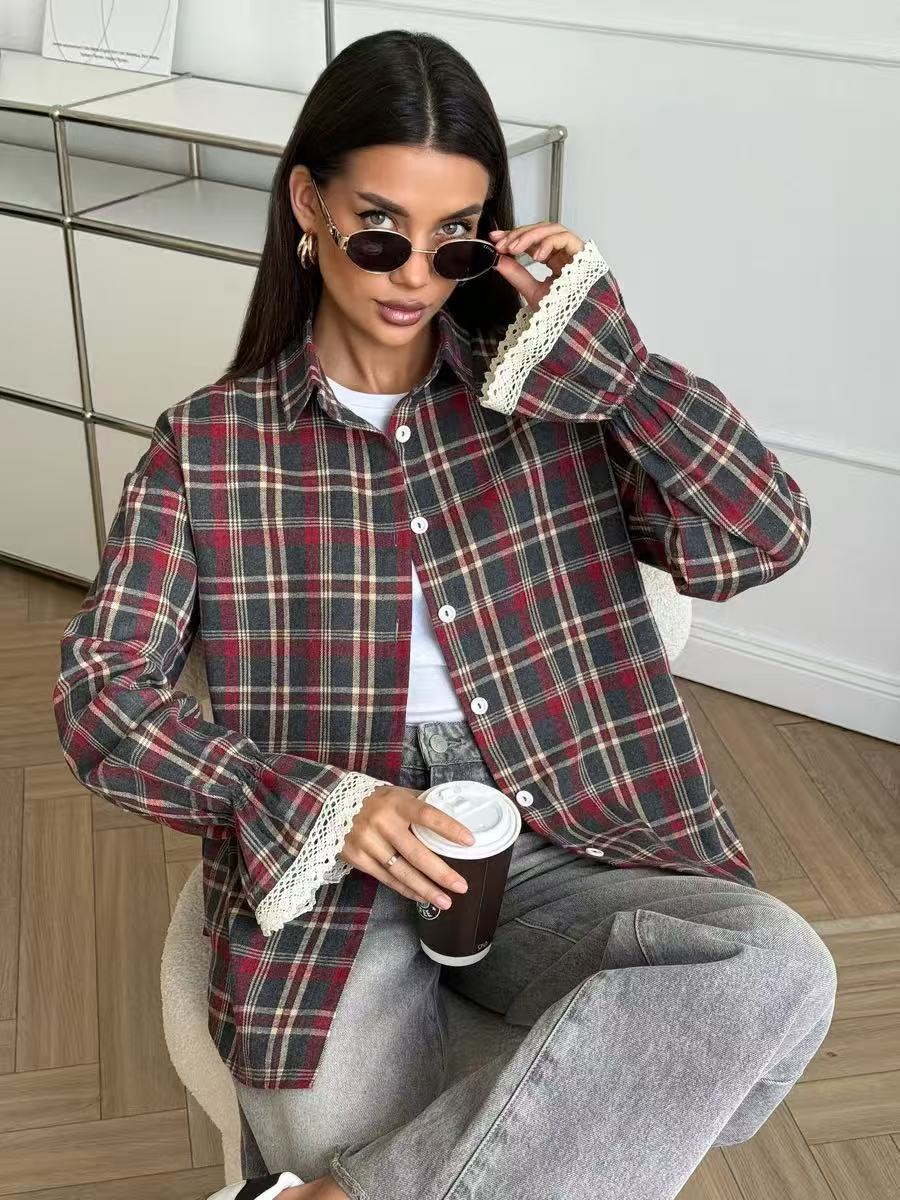 Plaid Flannel Shirt for Women — Oversized Button Down with Lace Trim Cuffs