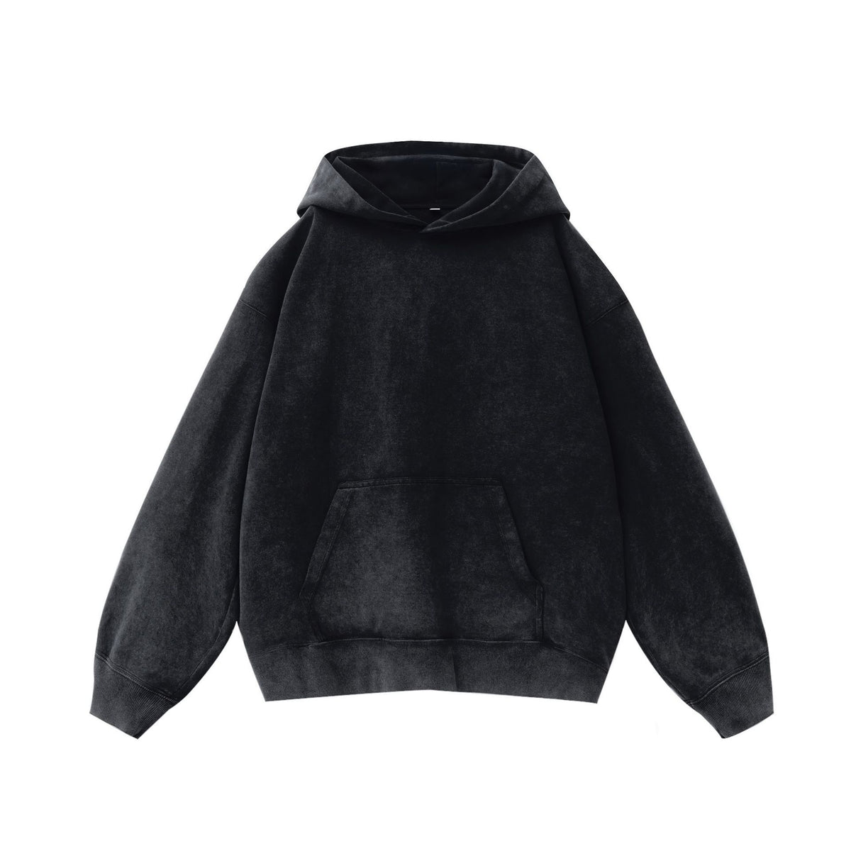 Black hooded sweatshirt with front pouch pocket and pullover hood, long sleeves
