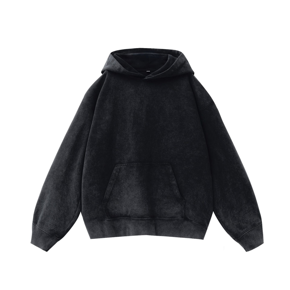 Women's oversized black acid-wash hoodie with layered front hood and kangaroo pocket