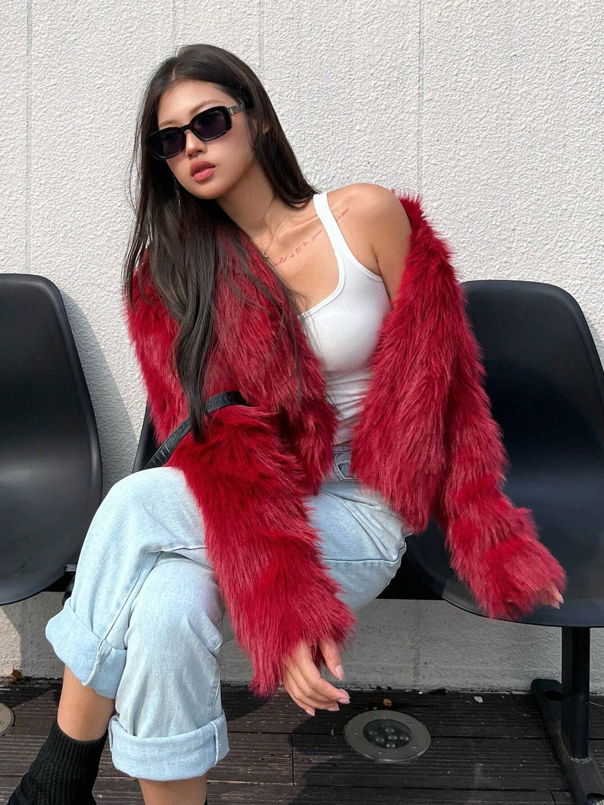 Red faux fur short jacket with wide collar, open front, long sleeves