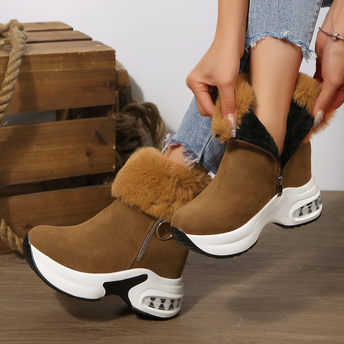 Brown suede fleece-lined snow boots with side zipper, faux-fur cuffs, chunky white platform sole