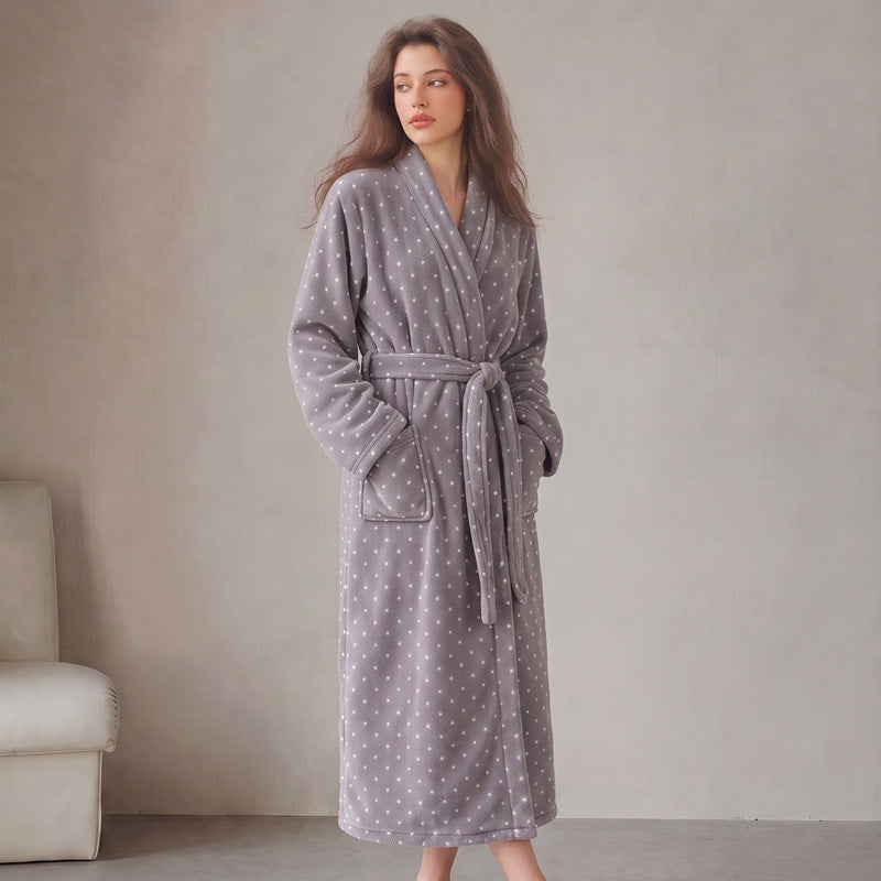 Women’s long flannel bathrobe in dusty gray with small white dots, belt tie and pocket