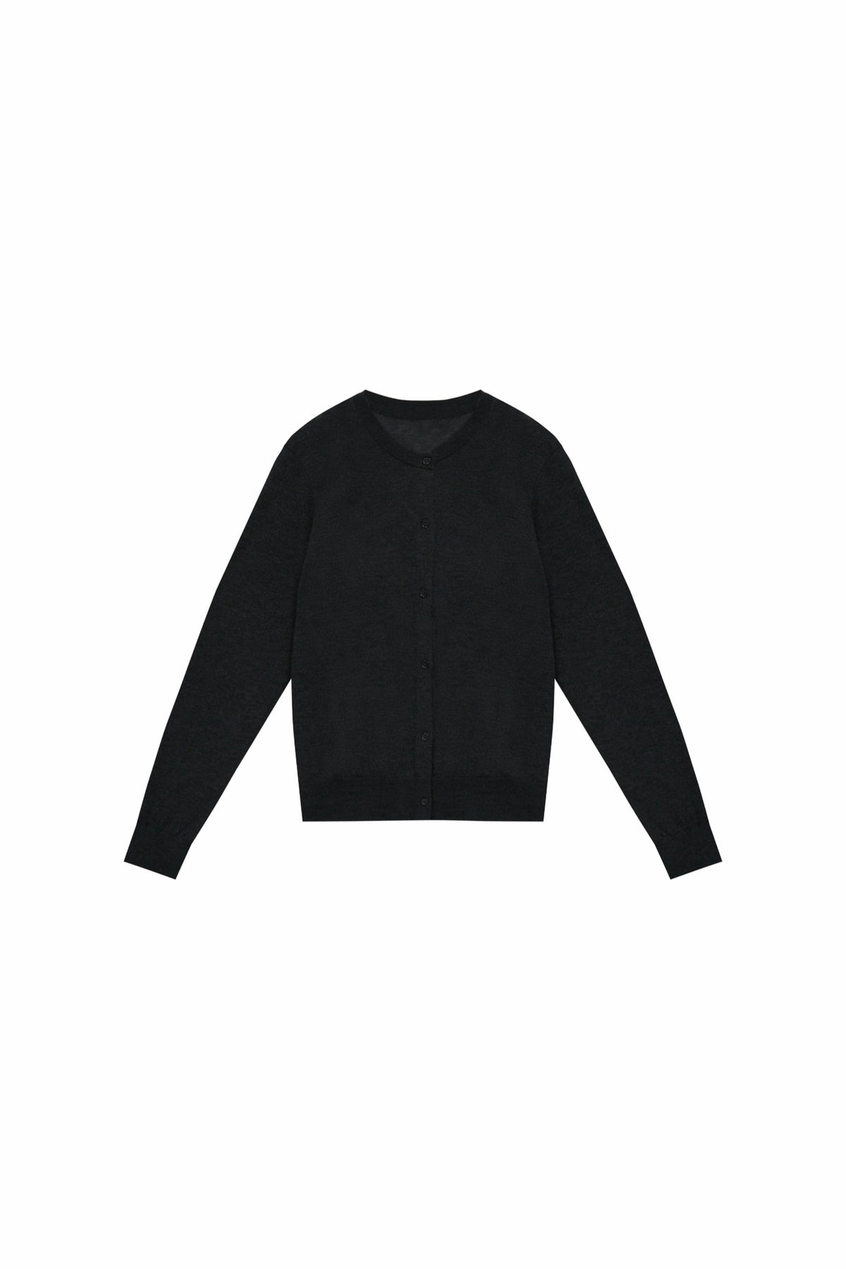 Black water-soluble wool blend cardigan, long sleeves, button-front, crew neckline
