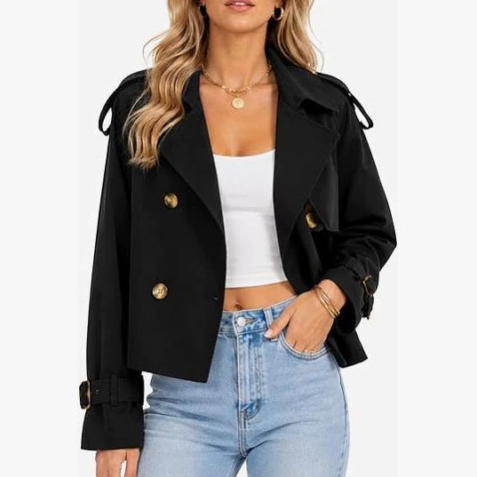 Black short double-breasted trench coat with gold buttons and tie sleeves