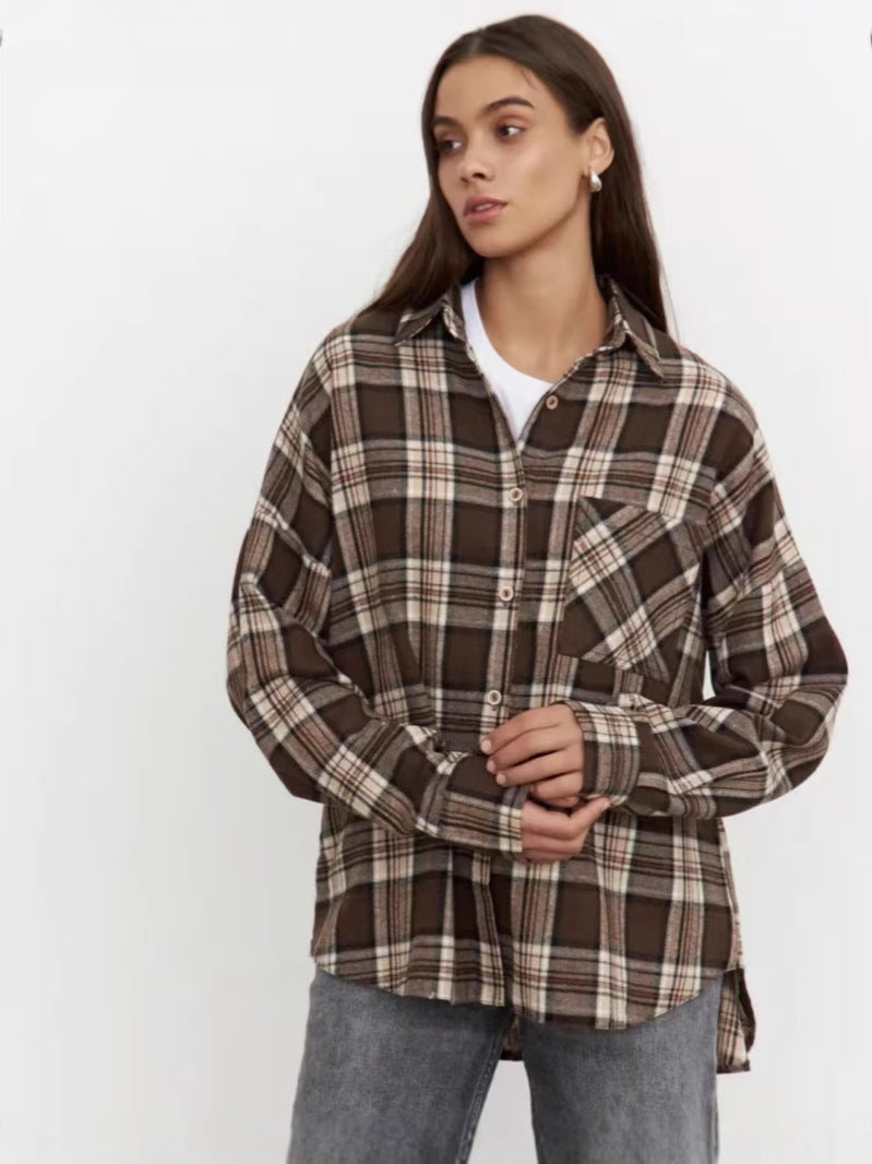 Brown plaid long-sleeve button-up shirt jacket with turn-down collar and chest pocket.