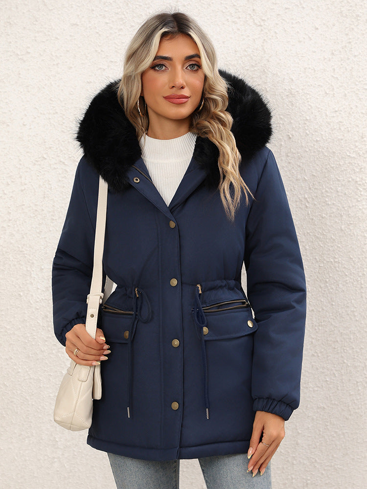 Women's navy blue mid-length hooded parka with faux-fur trim, button front, drawstring waist pockets