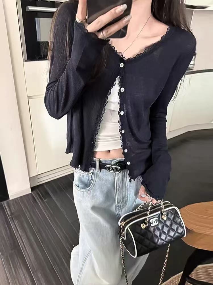 Women\u2019s sheer black cardigan with lace trim and button-front, long sleeves