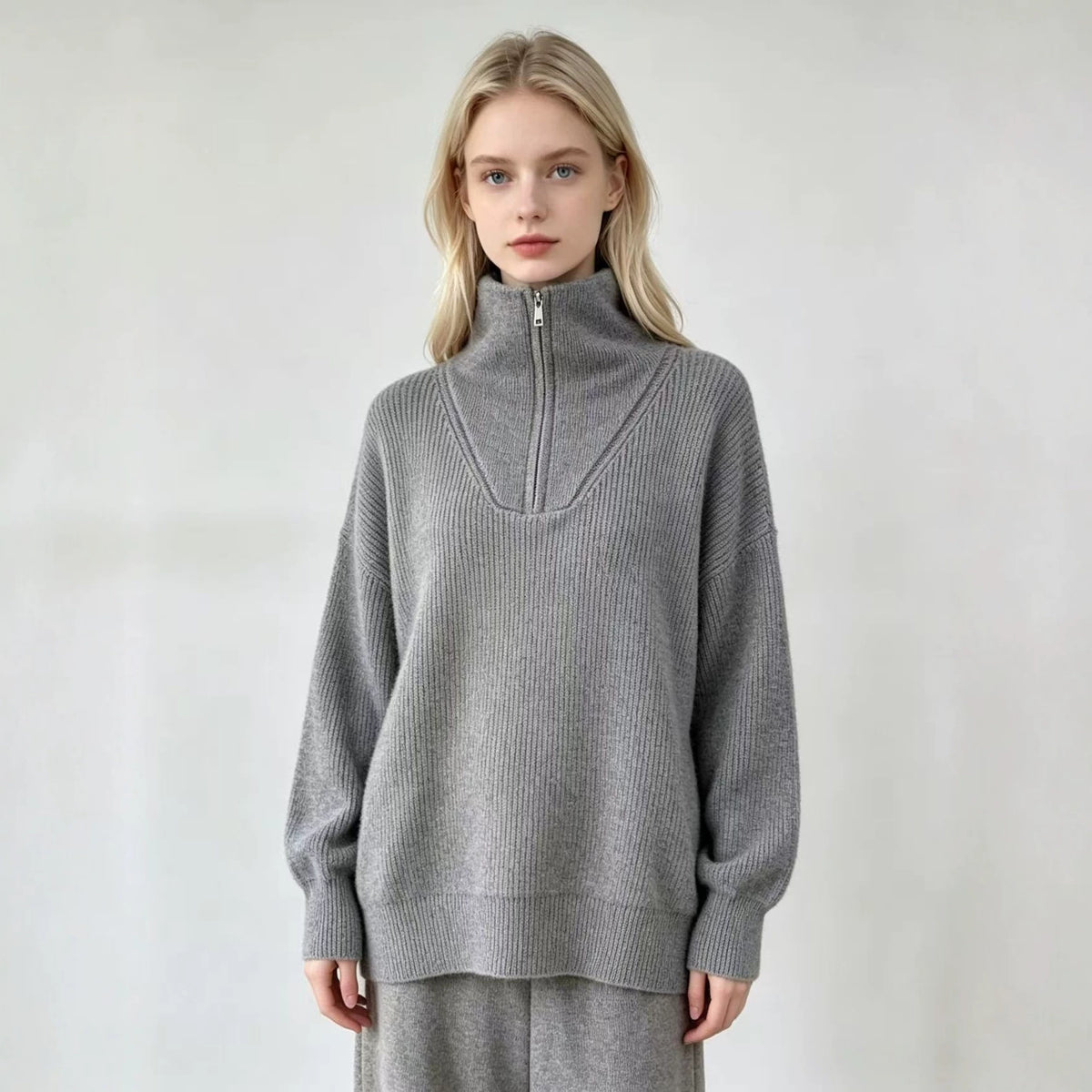 Women’s knit half-zip sweater with turn-down collar, heather gray, relaxed fit