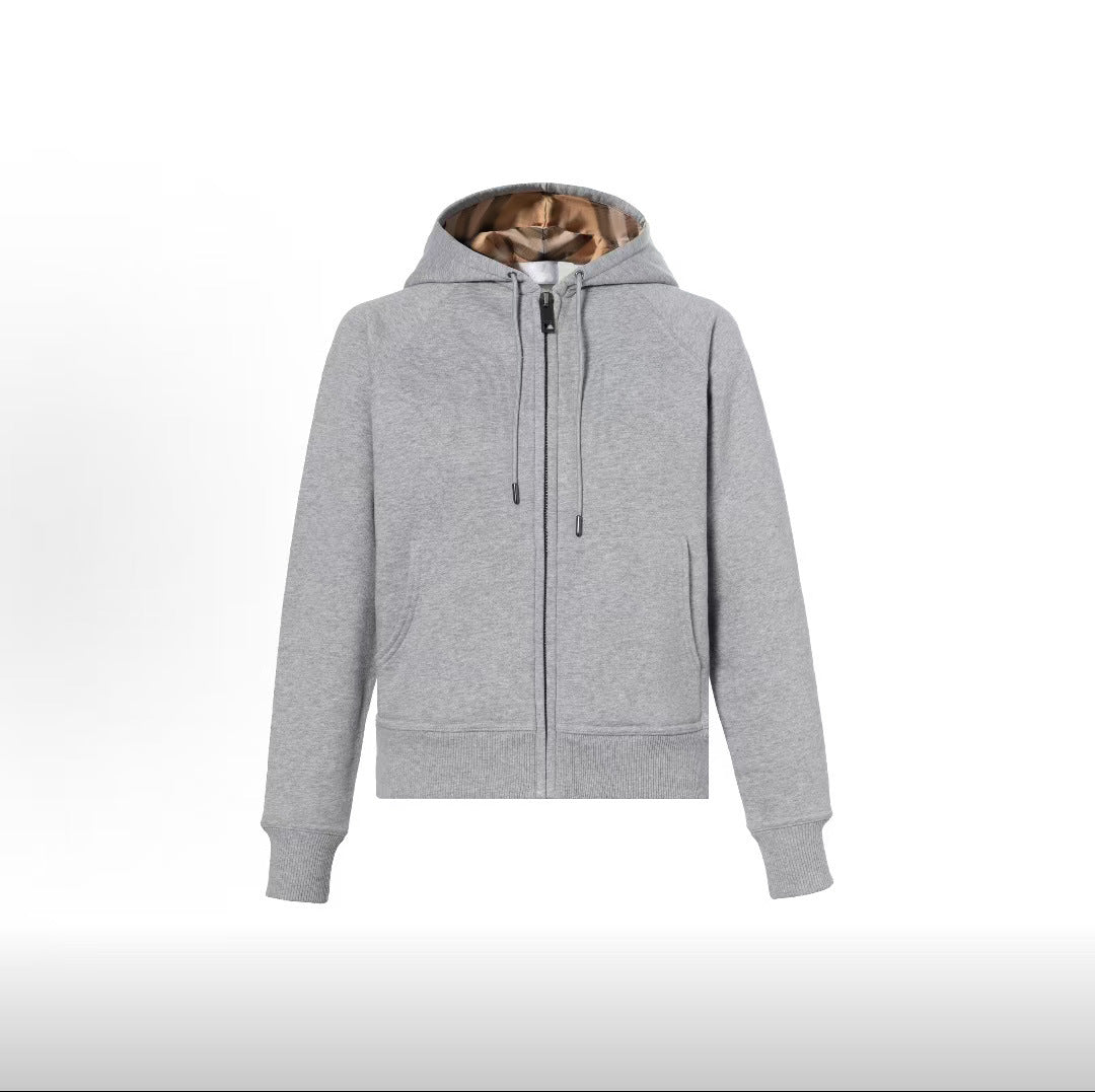 Light gray zip-up hooded sweatshirt jacket with camo-lined hood, zip front.