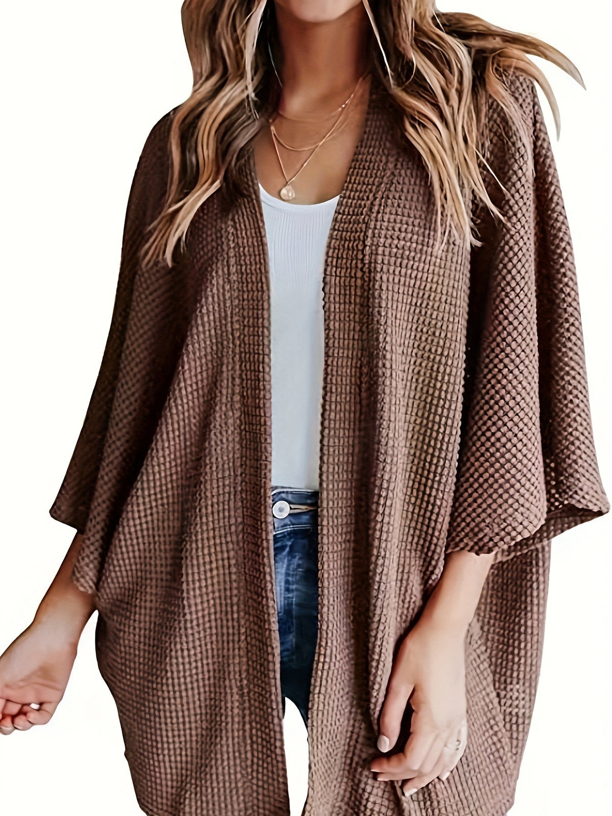 Women's loose textured knit cardigan with 3/4 sleeves, open front, brown