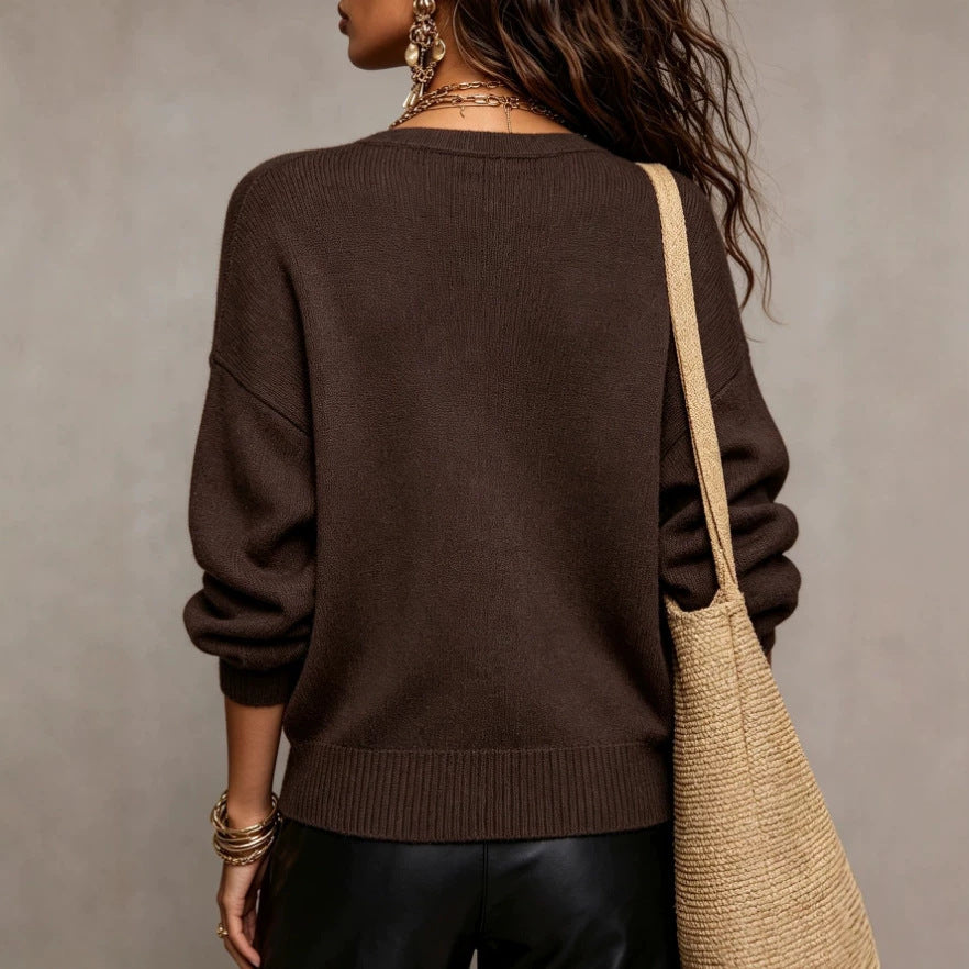 Knit Cardigan for Women — V Neck Button Front Sweater with Dropped Shoulders in Soft Wool