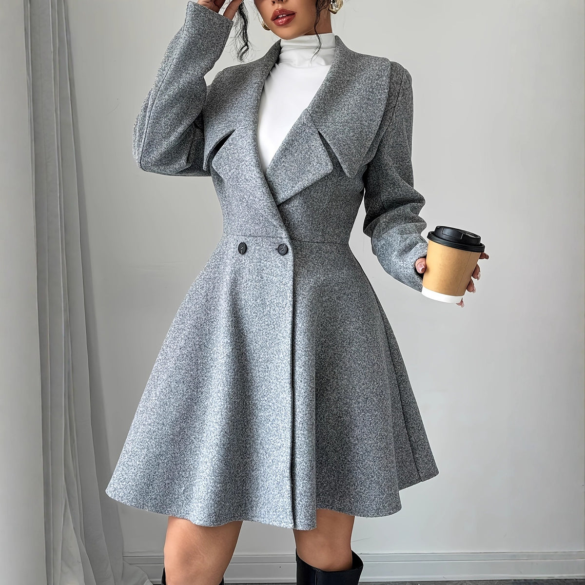 Gray wool-blend coat with tailored waist, long sleeves, notched lapels, flared skirt