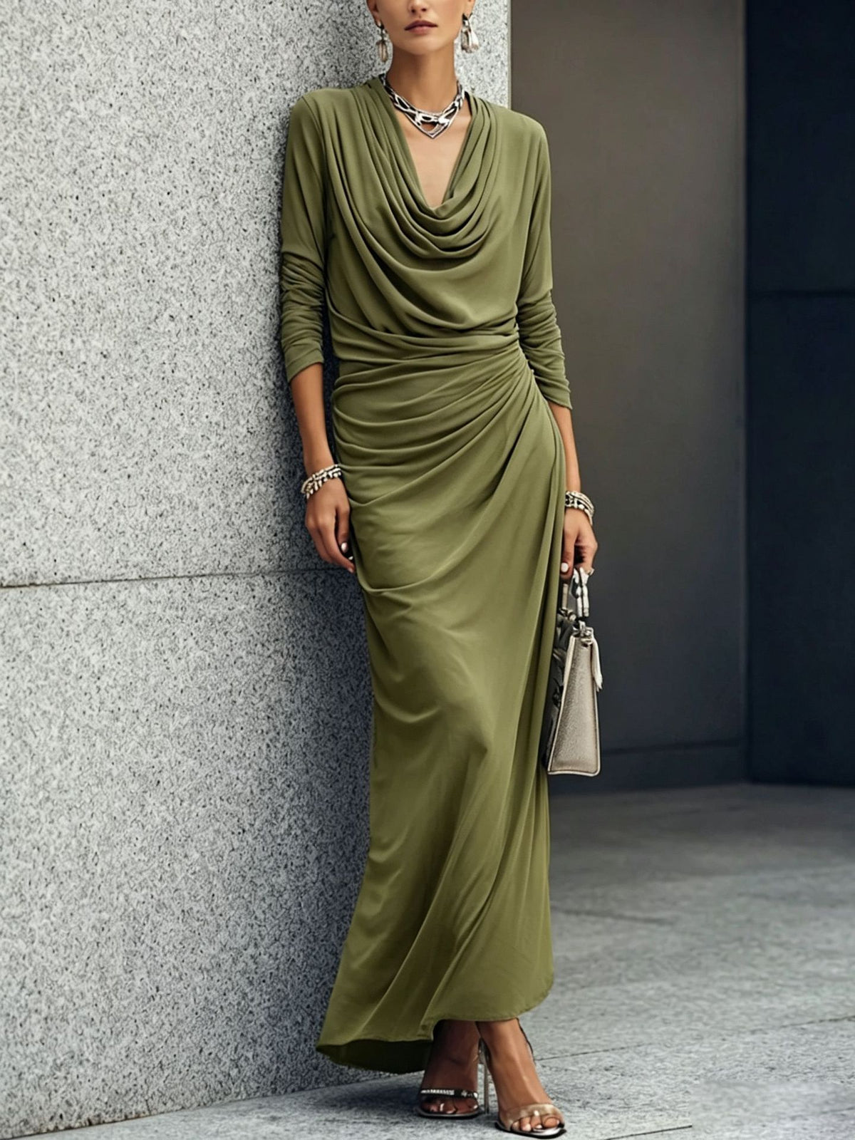 Olive green long-sleeve maxi dress with draped plunge V-neck and ruched waist