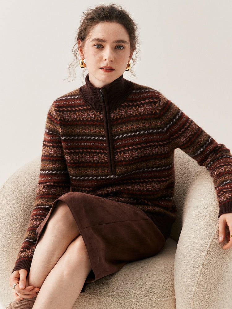 Women's Fair Isle knit sweater with stand collar and zip front, multicolor stripe pattern