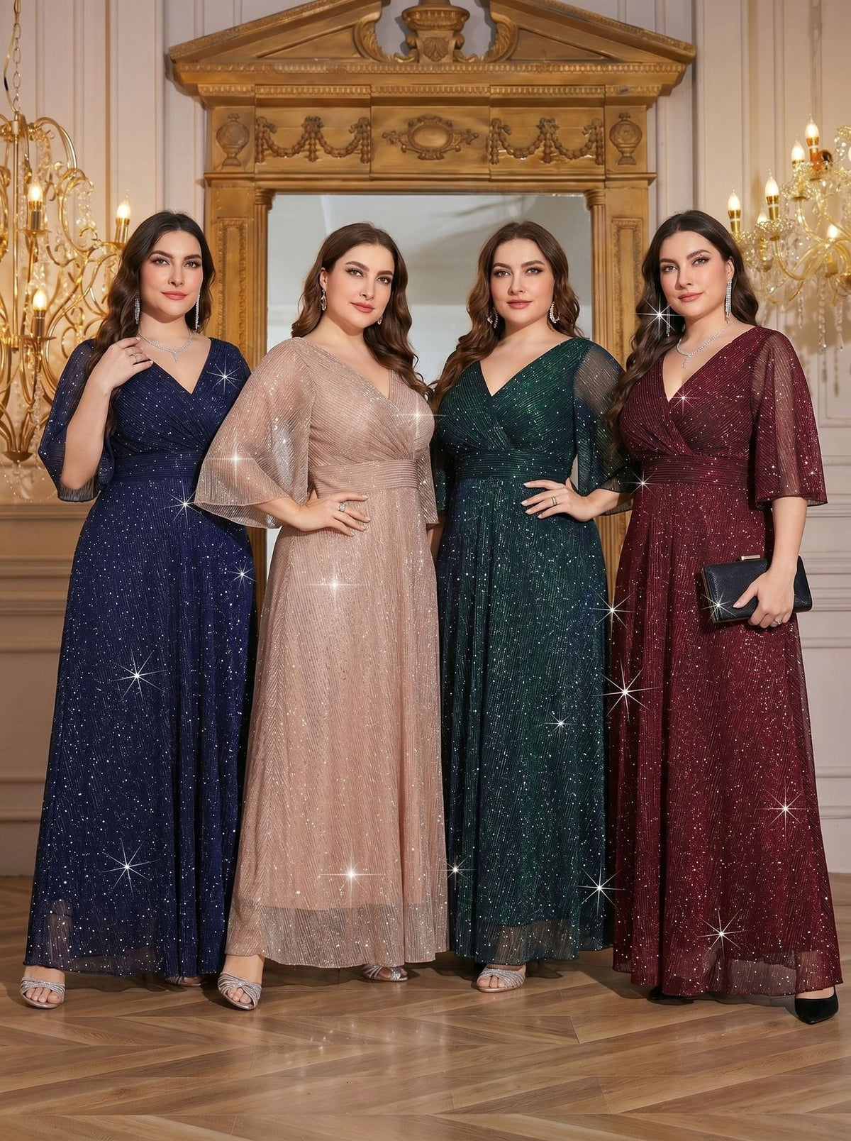 Iridescent sequin V-neck evening dress with waist tie, short sleeves, maxi length