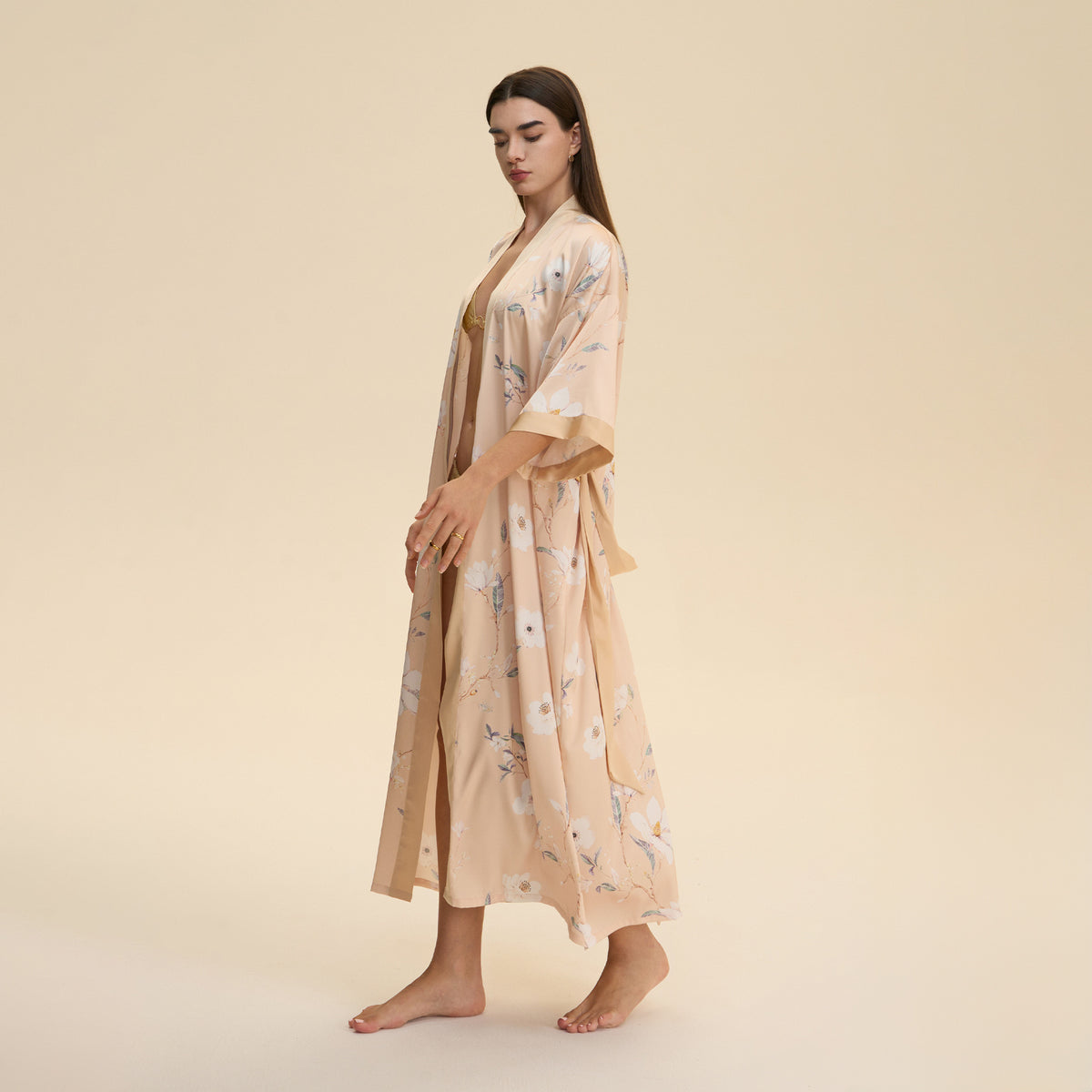 Beige satin robe with blue floral print, V-neck, tie waist, mid-calf kimono sleeves