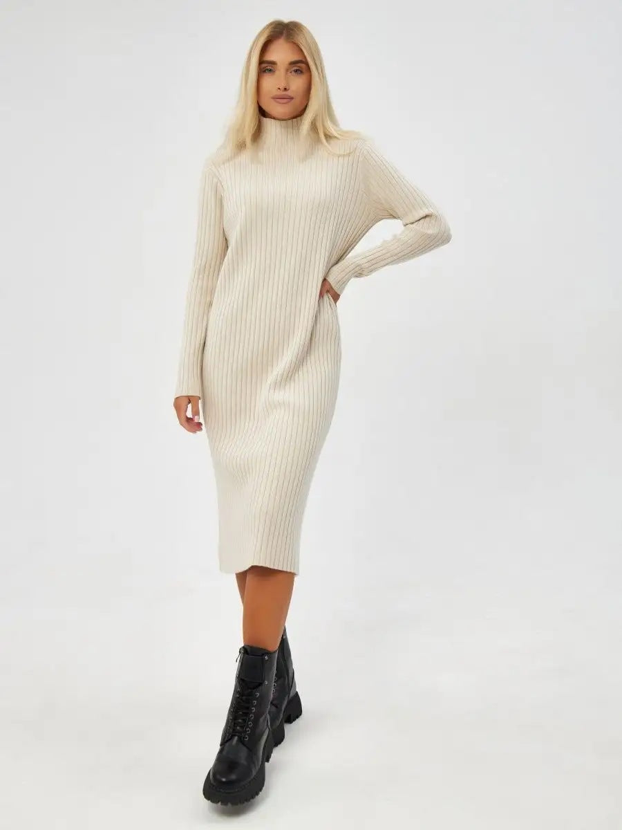 Oversized Sweater Dress in Midi Length — Mock Neck Ribbed Knit with a Relaxed Fit