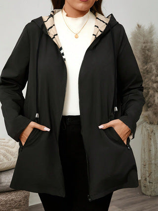 Reversible hooded windbreaker jacket, black solid hooded coat with front pockets
