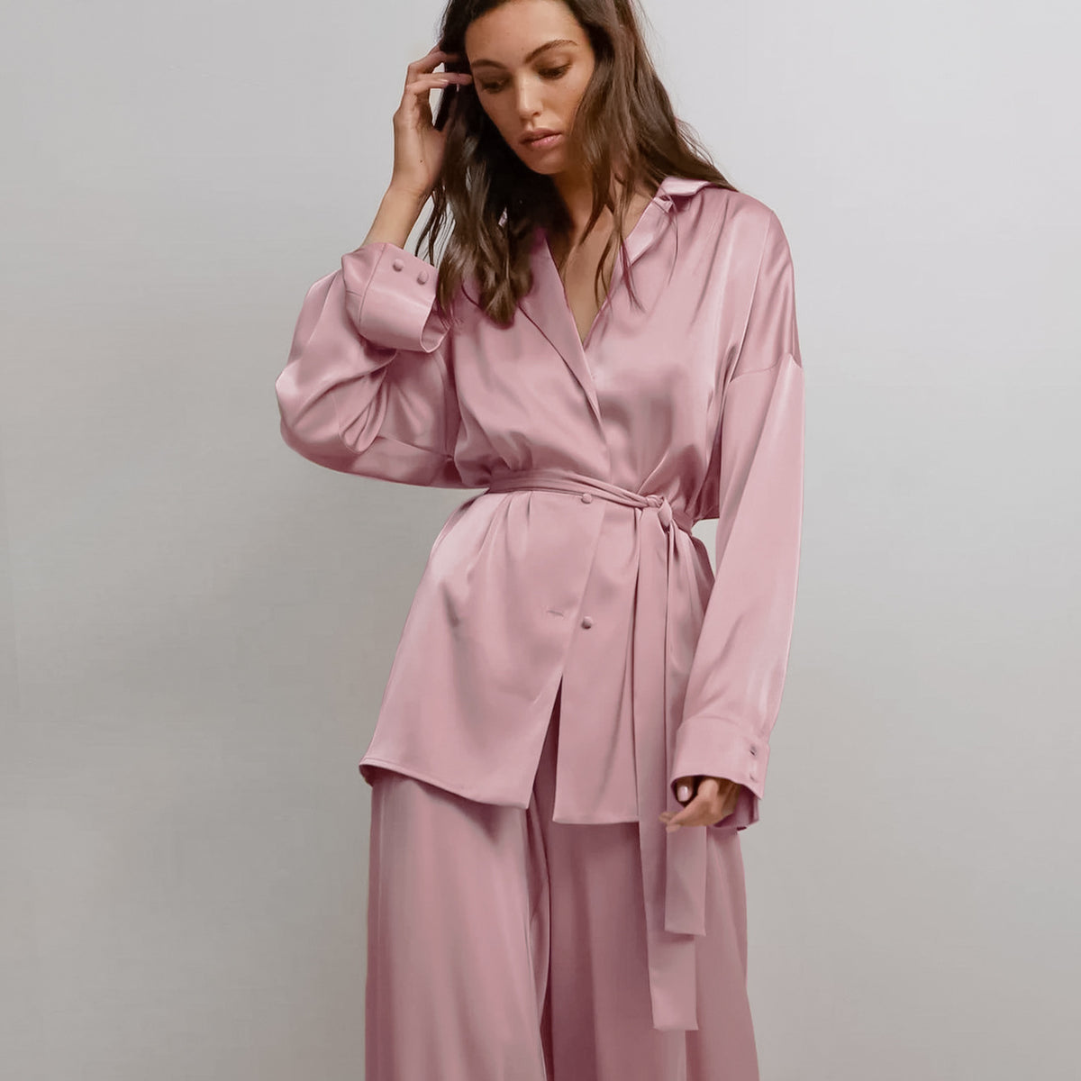 Loose satin-look long pajama pants with tie waist, light pink