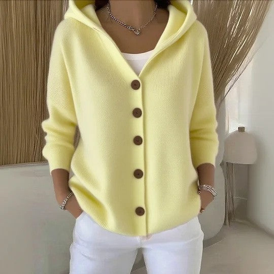 Light yellow hooded knit cardigan with button-front placket and long sleeves