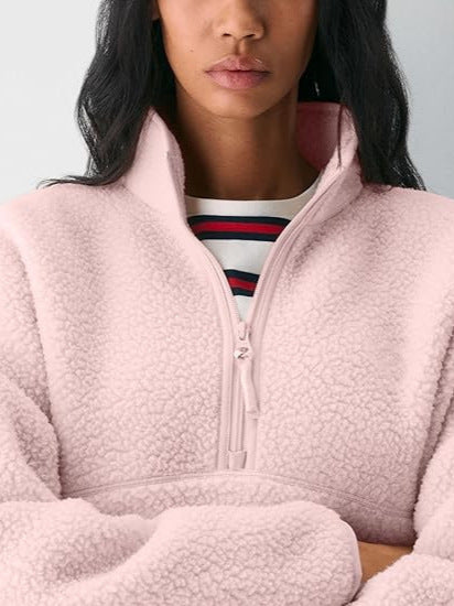 Women's fleece quarter-zip pullover, light pink, front zipper and chest pocket detail