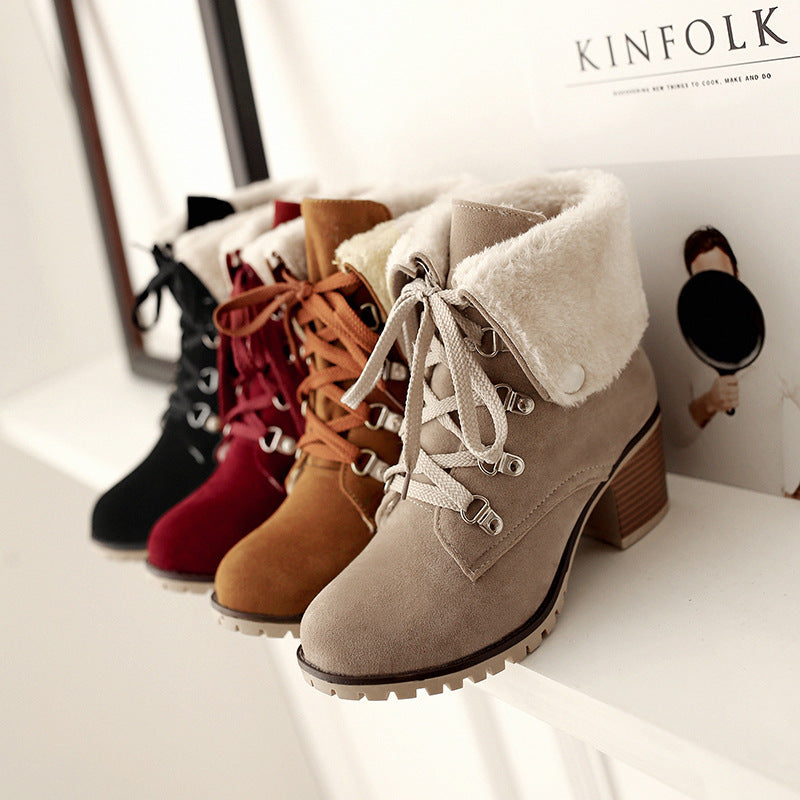 Women’s lace-up short boots with faux-fur cuffs, chunky heel, multiple colors shown.