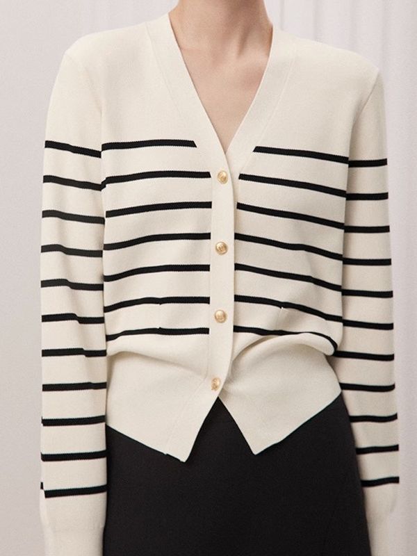 Women’s cream striped knit cardigan sweater with gold-tone buttons and V-neck