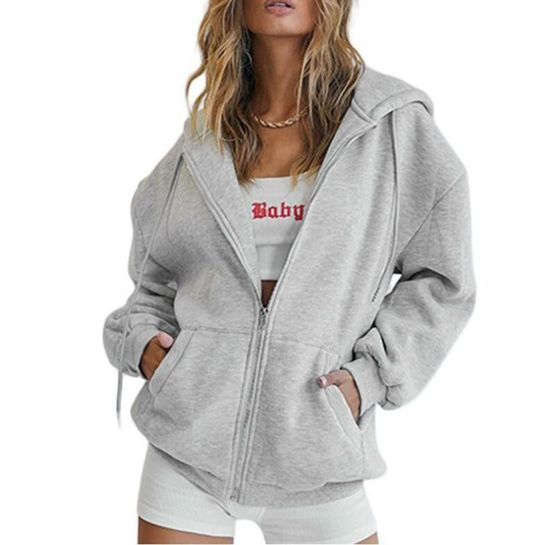 Light gray zip-up hoodie jacket with hood, drawstring, and front pockets.