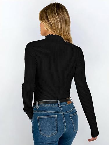 Mock Neck Top for Women — Fitted Ribbed Long Sleeve Knit with Lettuce Trim in Viscose