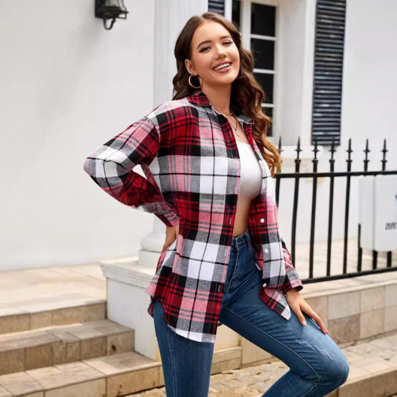 Women’s red and white plaid flannel button-down shirt with collar and chest pocket