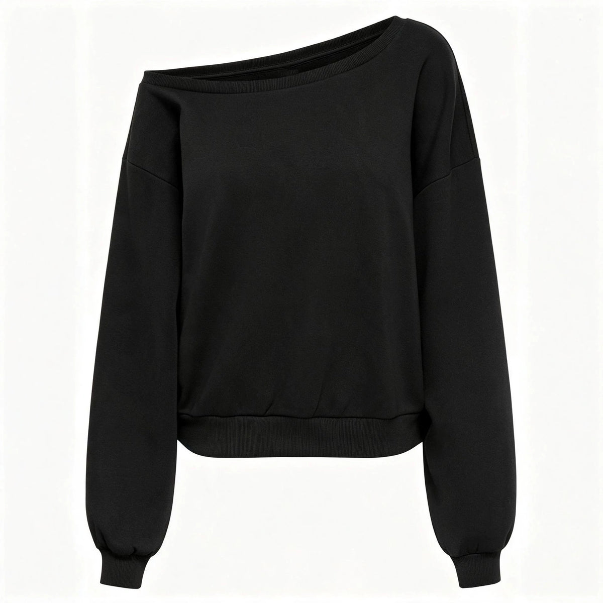 Women’s off-shoulder sweatshirt top, black long sleeves, crew neckline area