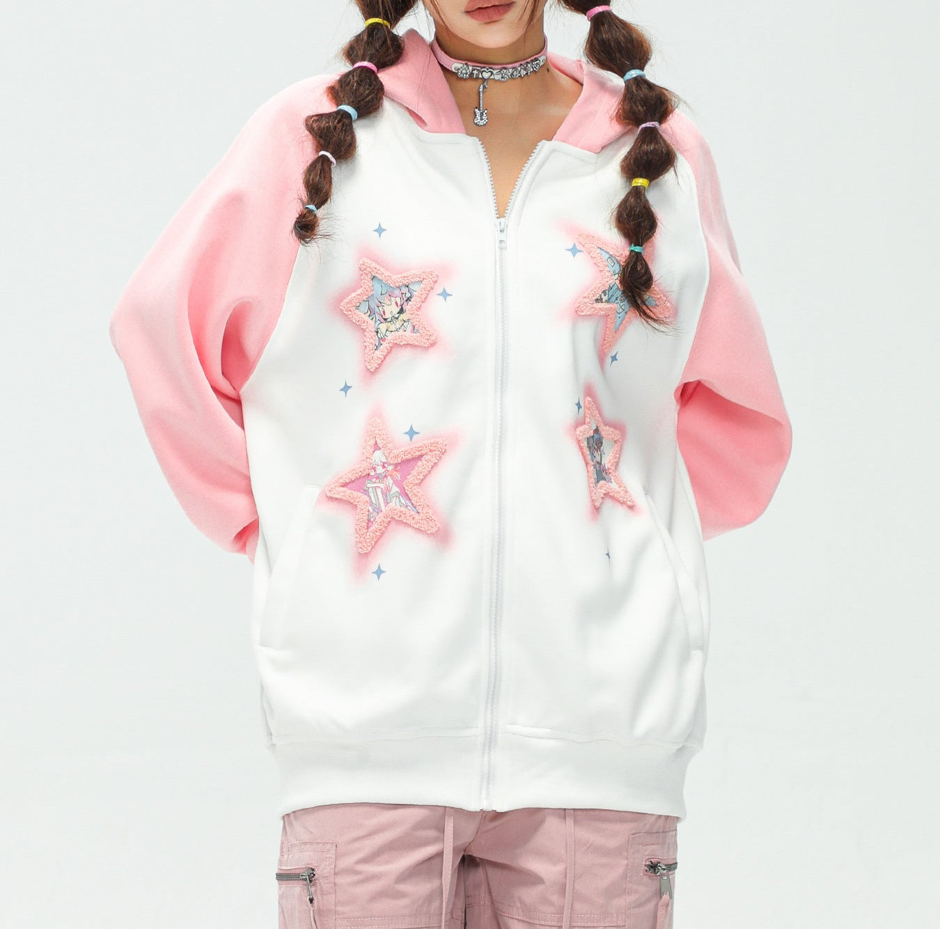 Color Block Zip Up Hoodie for Women — Oversized Raglan Fit with Star Patches in Fleece