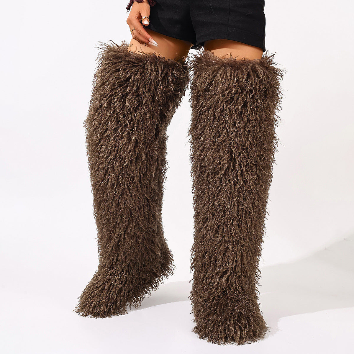 Dark brown shaggy faux fur thigh-high boots