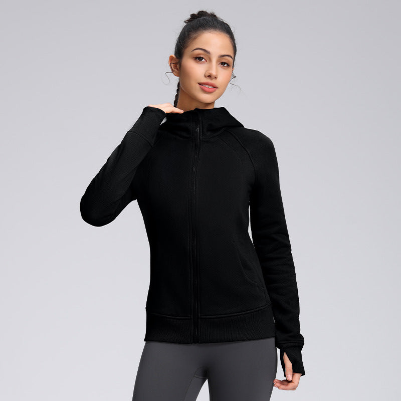 Black zip-up hooded athletic sweatshirt jacket with front pockets