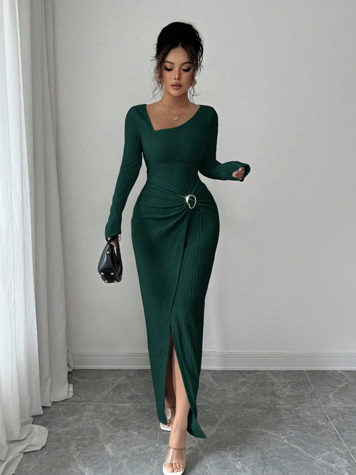Dark green ribbed bodycon maxi dress with long sleeves, scoop neck, and high side slit