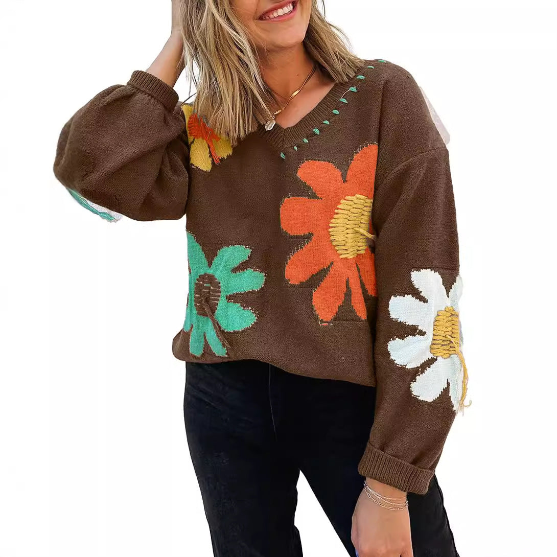 Floral Sweater for Women — Oversized V Neck Knit with Embroidered Blooms in Wool