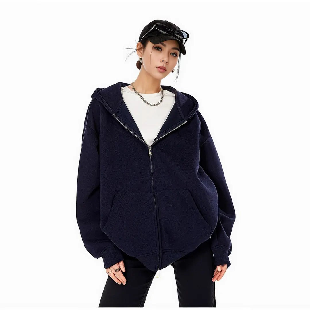 Navy zip-up hoodie sweatshirt with front pockets, drawstring hood, and ribbed cuffs.
