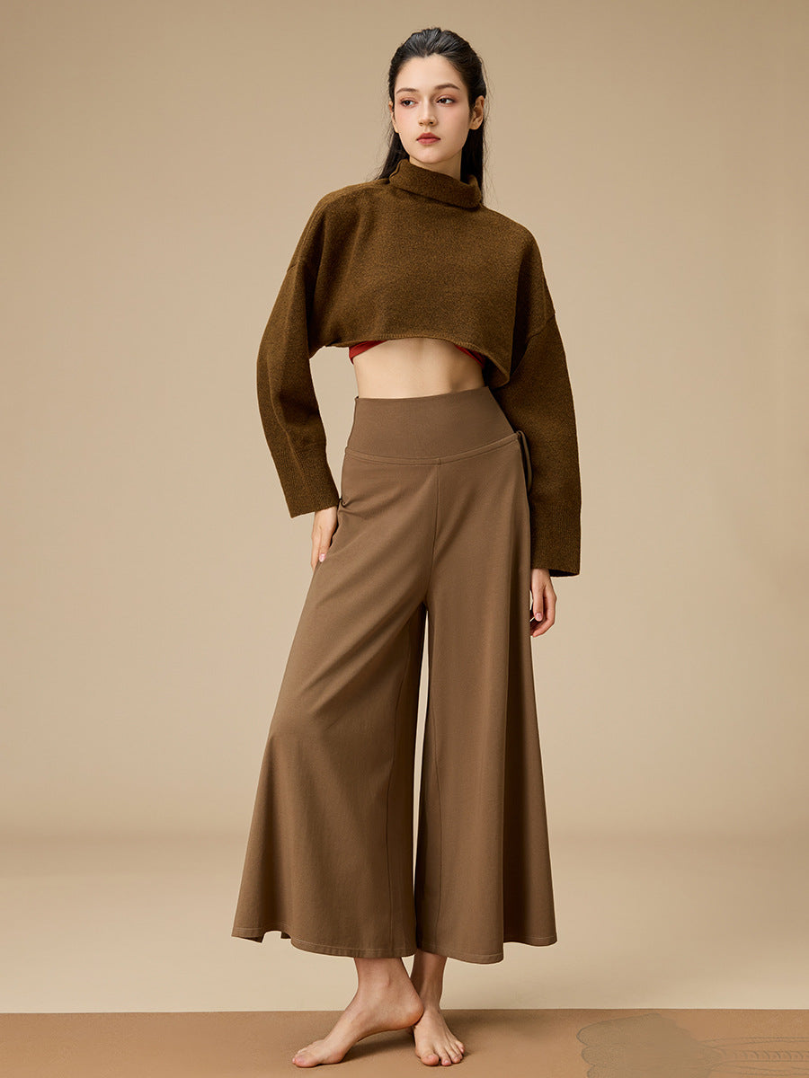 Dark brown cropped turtleneck yoga blouse, long sleeves, relaxed fit