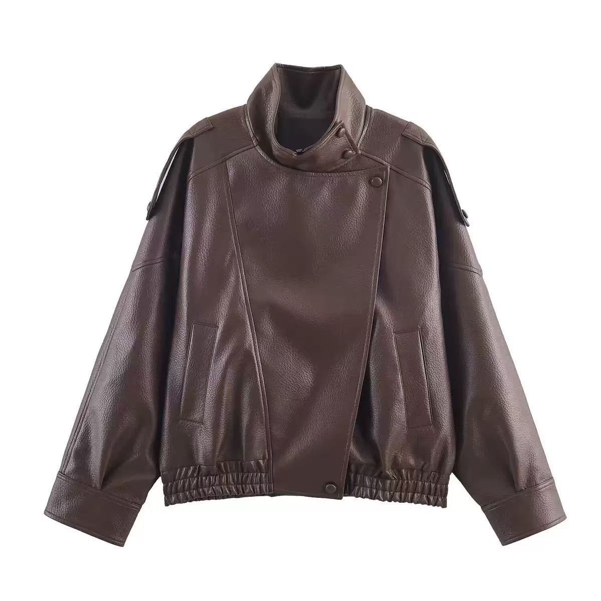 Dark brown faux leather cropped moto jacket with asymmetric zip and stand collar