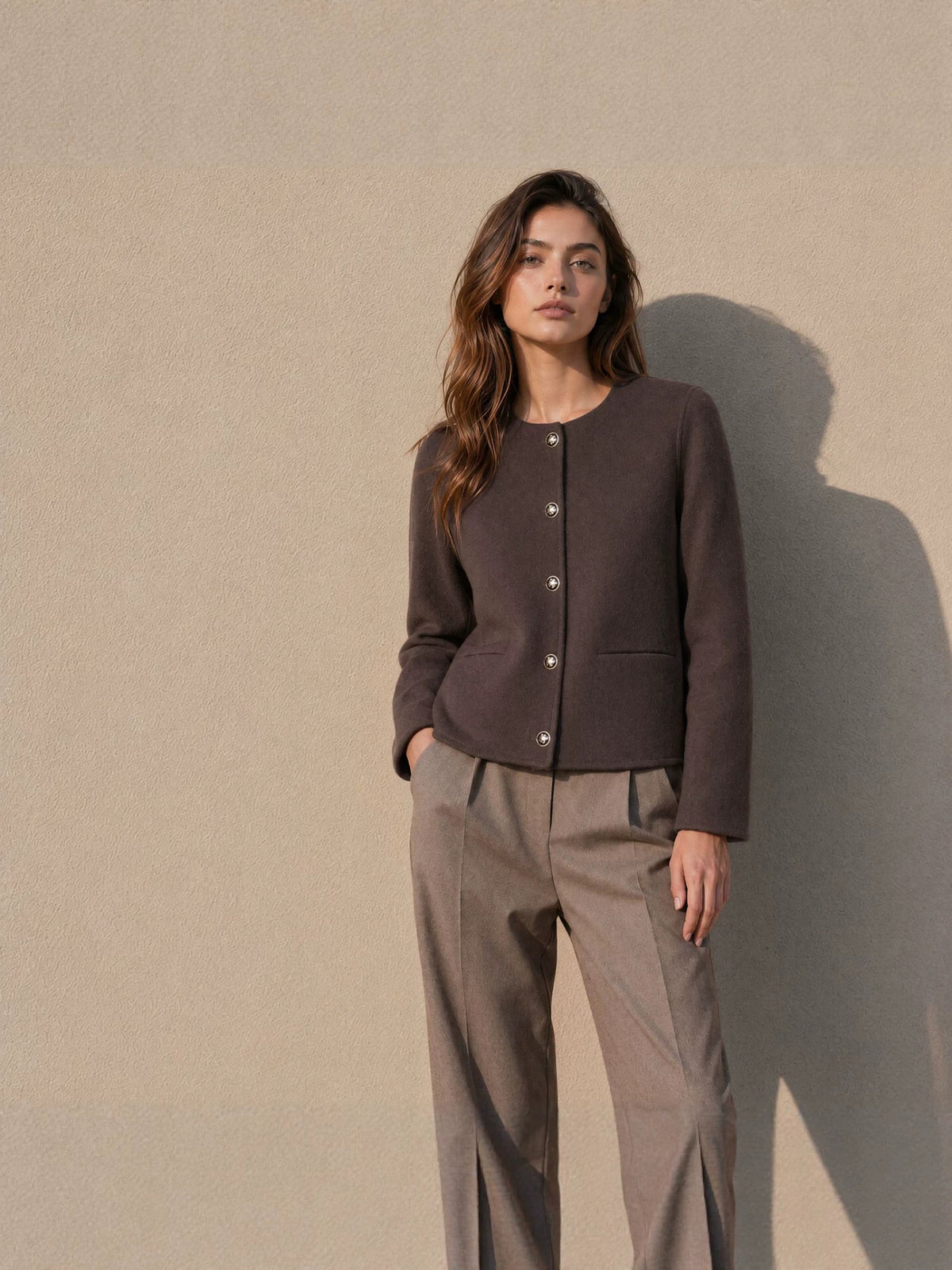 Wool Jacket for Women — Collarless Boiled Wool Style with Gold Buttons