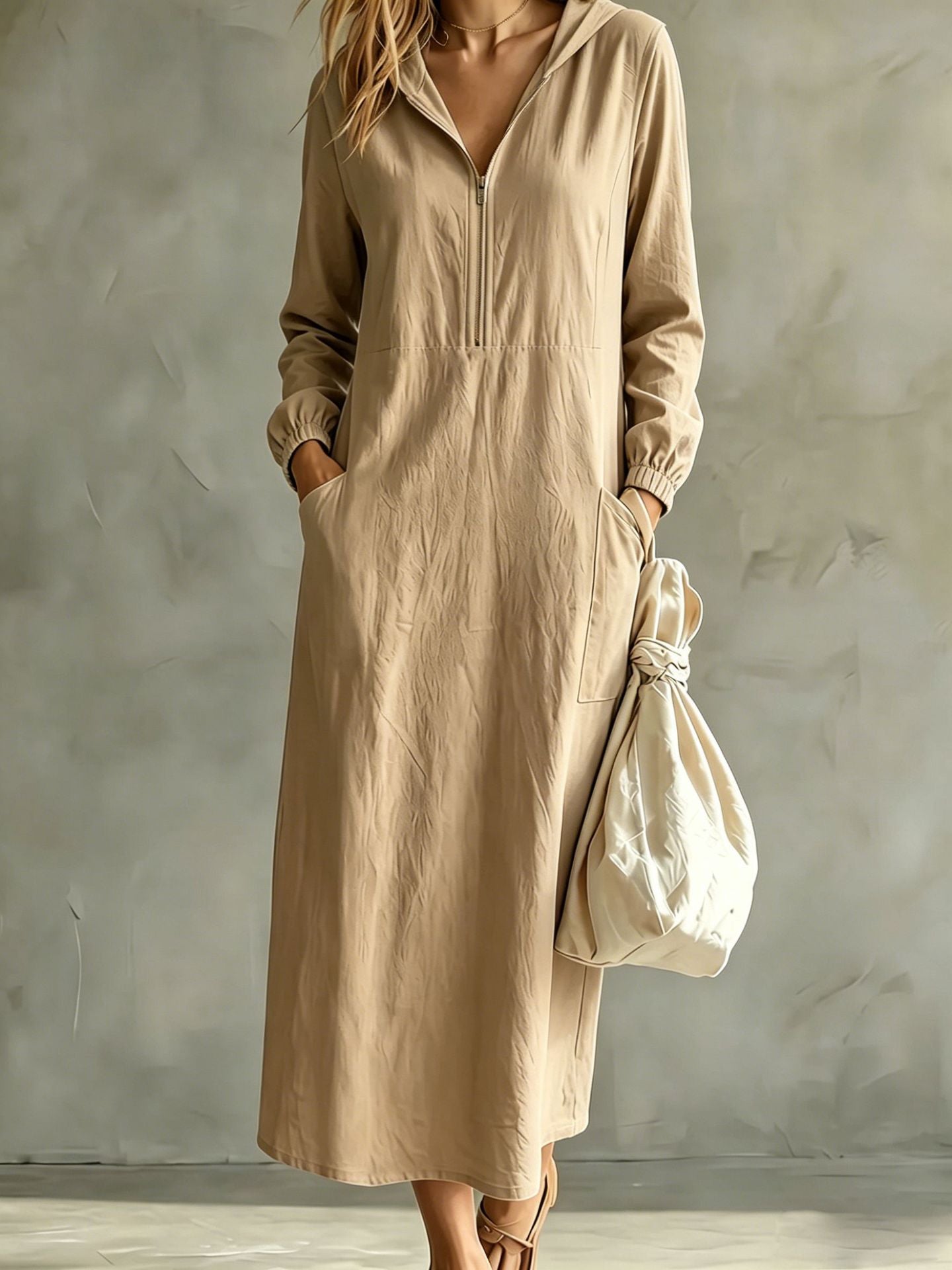 Long Sleeve Linen Maxi Dress — Casual Hooded Half Zip Style with Deep Side Pockets