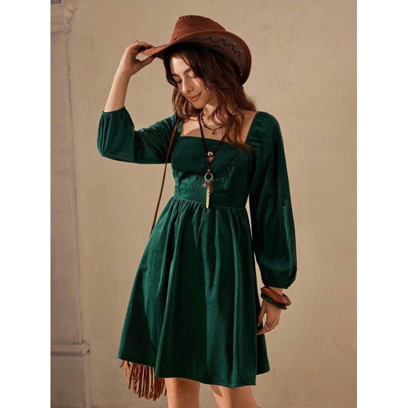 Dark green corduroy square-neck lantern-sleeve mini dress with gathered waist