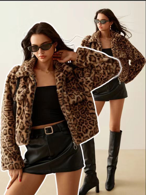 Leopard faux fur cropped jacket with collar, open front, long sleeves