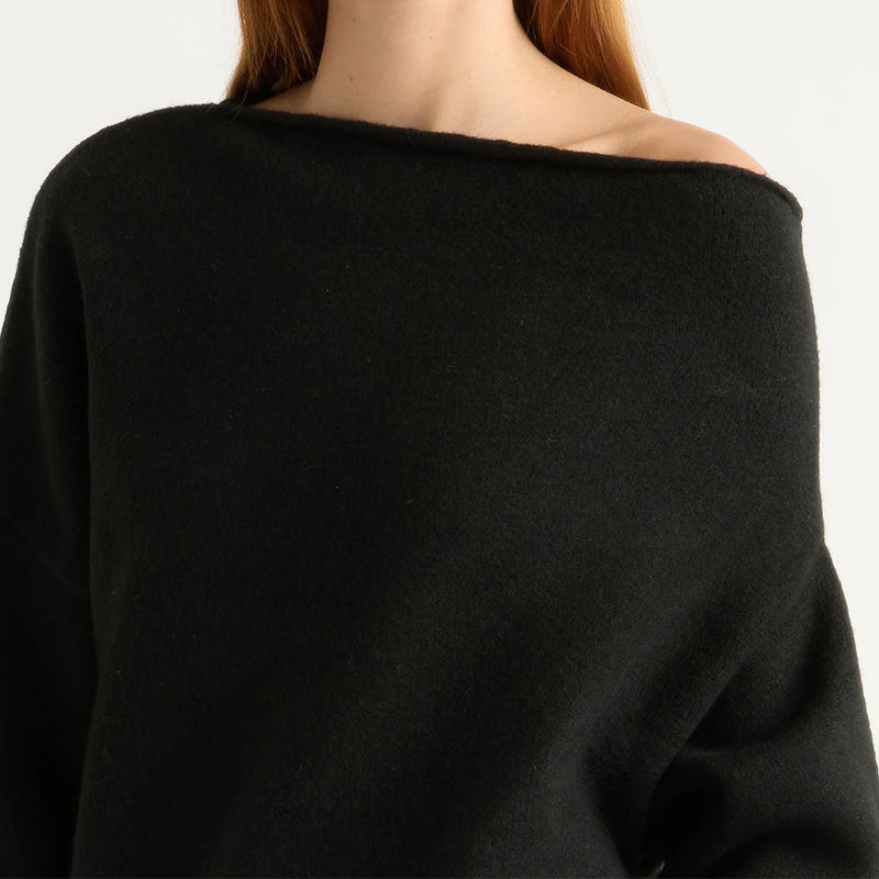 Black off-shoulder knit sweater neckline detail, wide collar