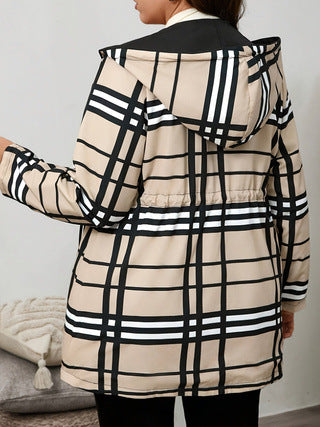 Reversible hooded windbreaker jacket, plaid back with hood and drawstring waist