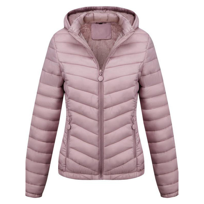 Pink hooded quilted puffer jacket with full front zipper