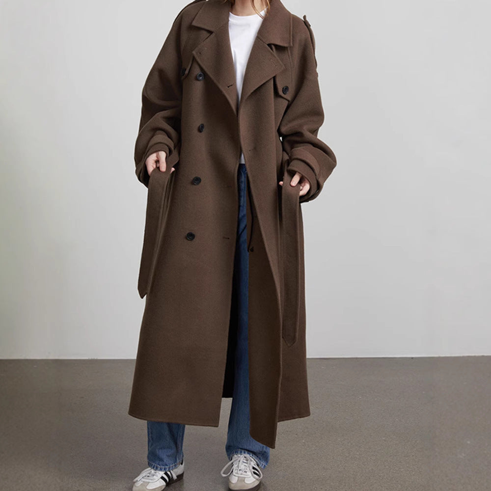 Long Wool Coat for Women — Oversized Double Breasted Belted Maxi Overcoat