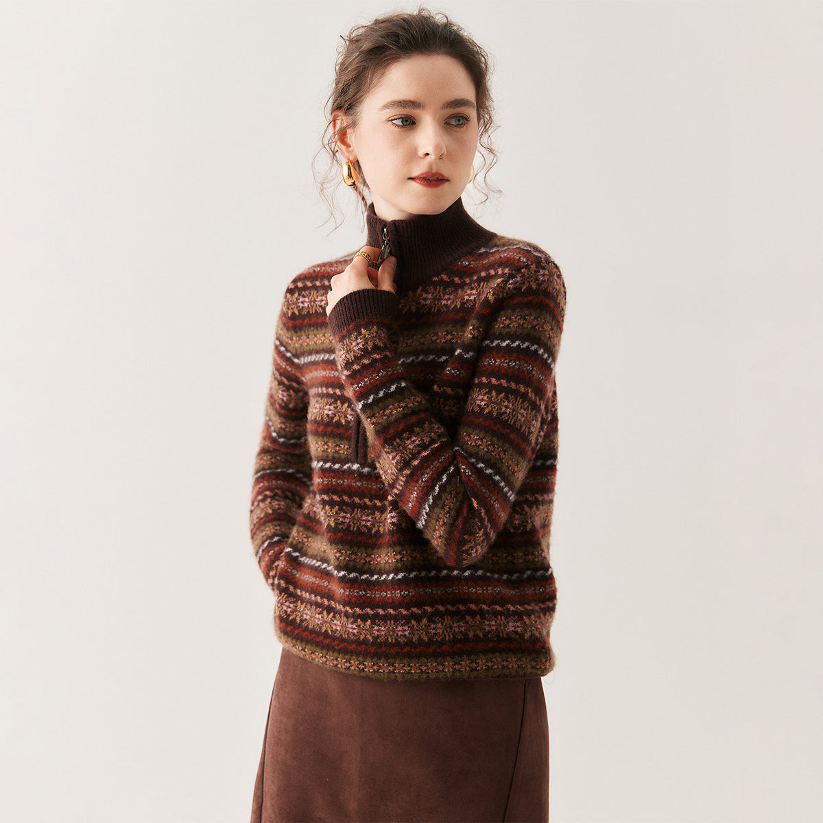Women's Fair Isle knit sweater with stand collar, zip front, warm brown striped knit